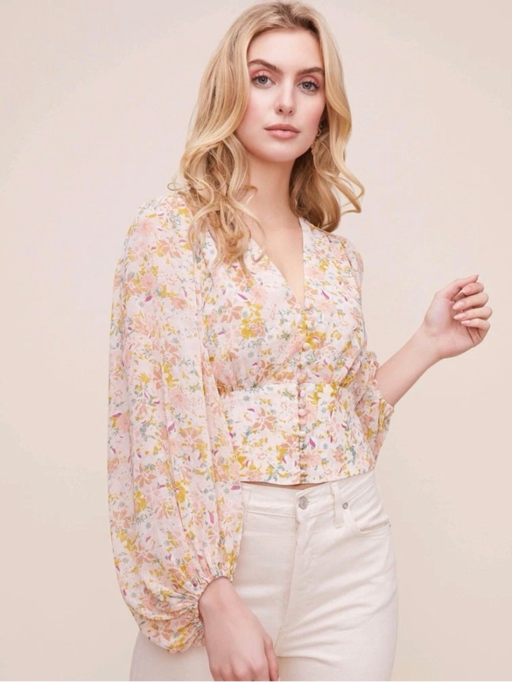 ASTR The Label Floral Satin Smocked Crop Blouse Romantic Cottagecore Boho Top S